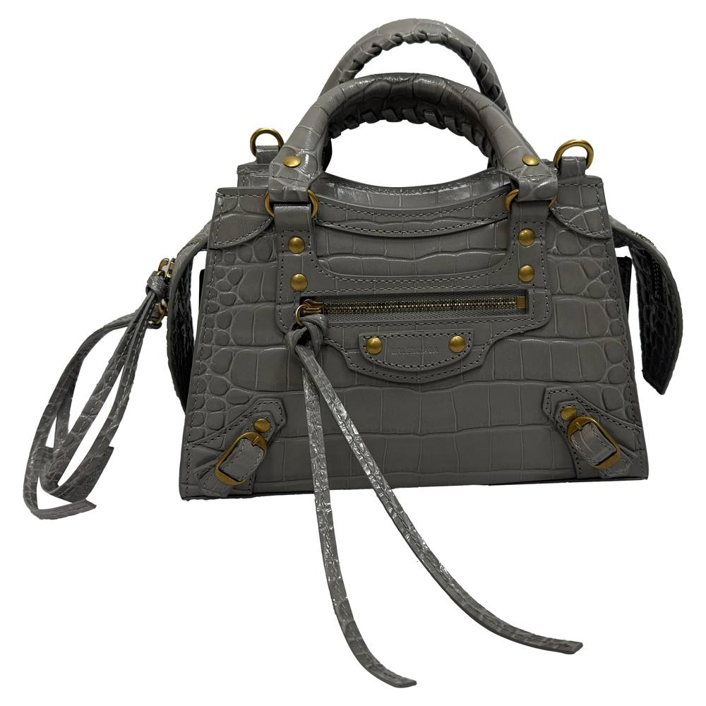 Balenciaga Women's Preloved Mini Neo Classic City Croc-Embossed Handbag in Grey Leather