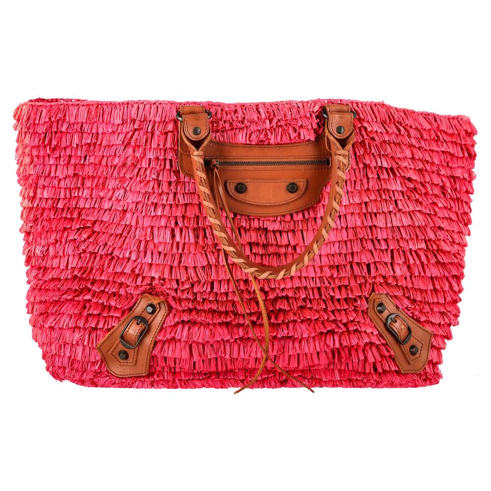 Balenciaga Women's Preloved Woven Panier Basket Bag in Pink Raffia in Rose