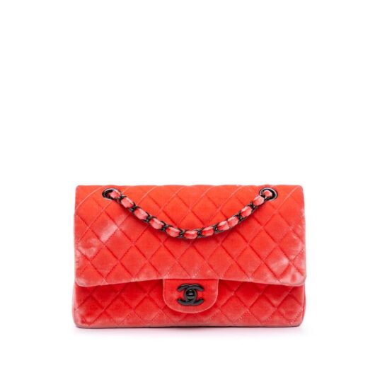 Chanel Women's Preloved Medium Classic Velvet Double Flap Bag in Red