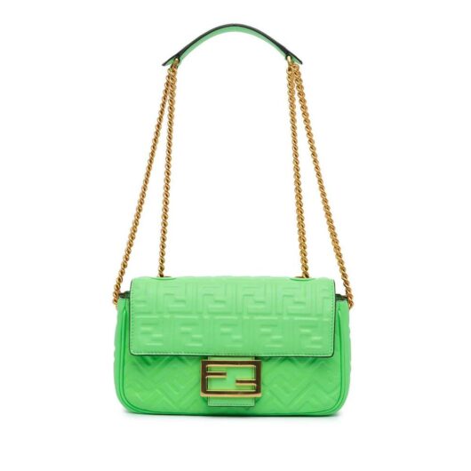 Fendi Women's Preloved Zucca Embossed Leather Chain Midi Baguette in Green