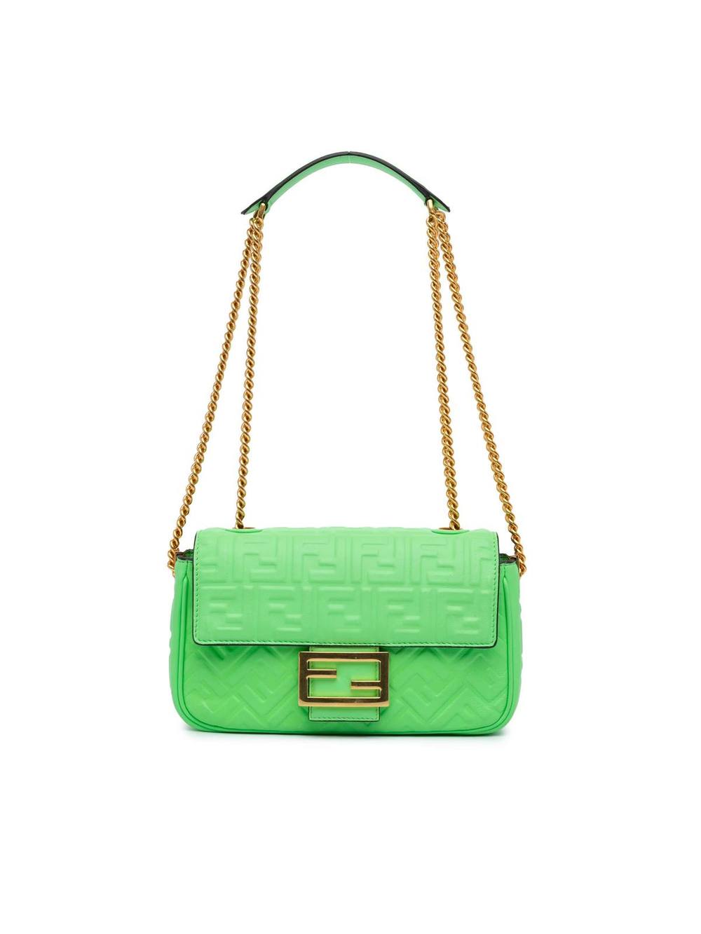 Fendi Women's Preloved Zucca Embossed Leather Chain Midi Baguette in Green