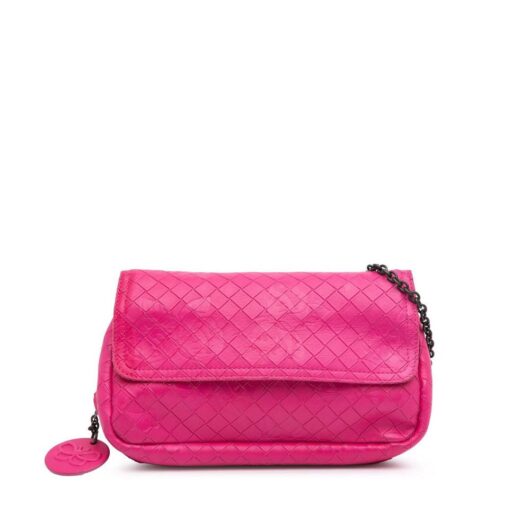 Bottega Veneta Women's Preloved Small Calfskin Intrecciomirage Embossed Butterfly Chain Bag in Pink
