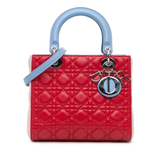 Dior Women's Preloved Medium Tricolor Lambskin Cannage Lady Bag in Red