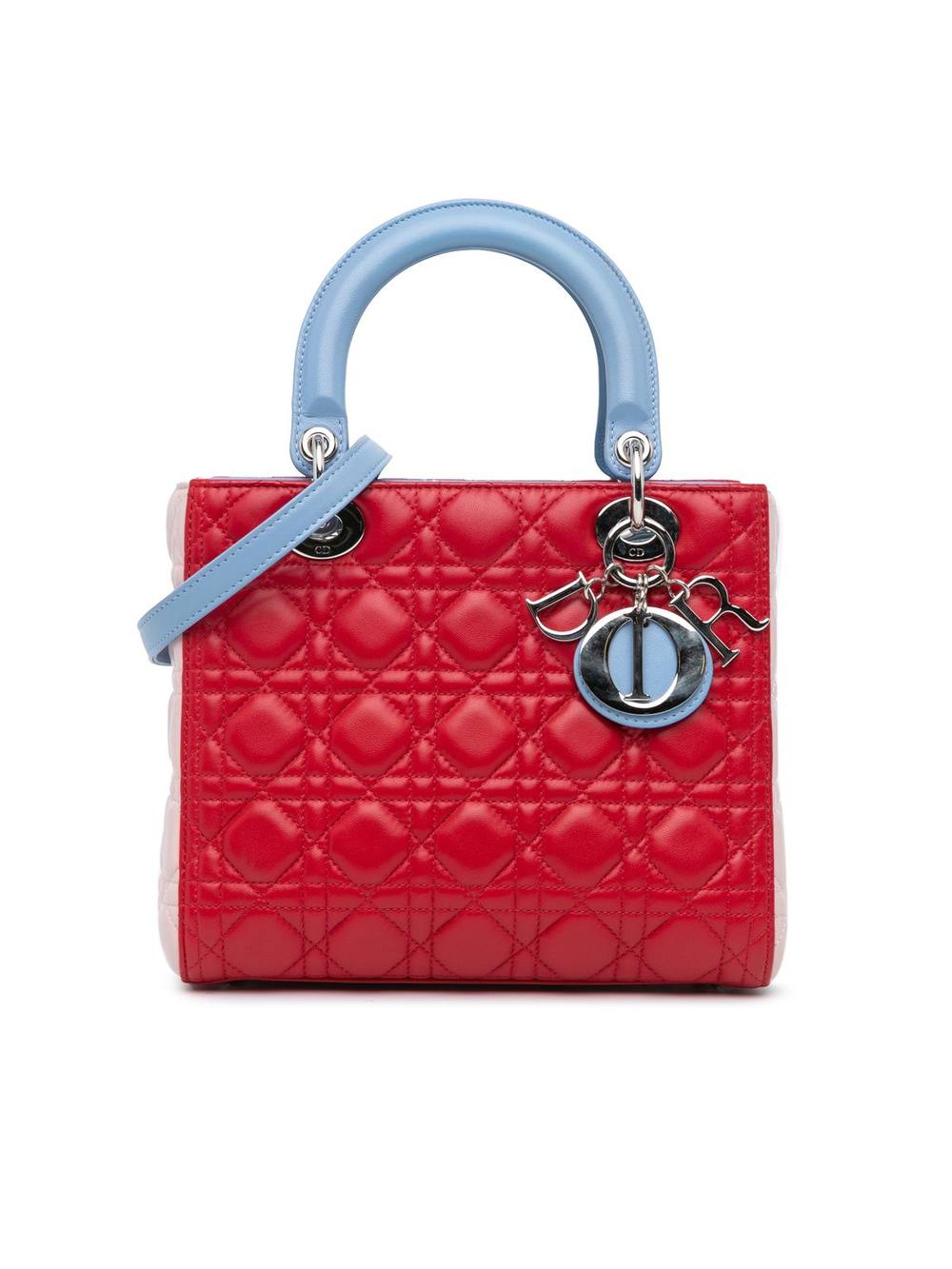 Dior Women's Preloved Medium Tricolor Lambskin Cannage Lady Bag in Red
